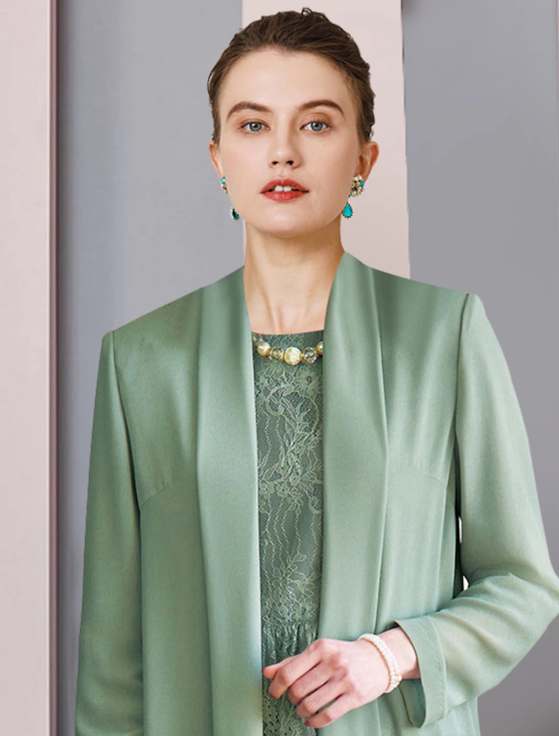 Luolandi Two Piece Sheath / Column Mother of the Bride Dress Formal Wedding Guest Party Elegant Scoop Neck Tea Length Chiffon Lace 3/4 Length Sleeve Jacket Dresses